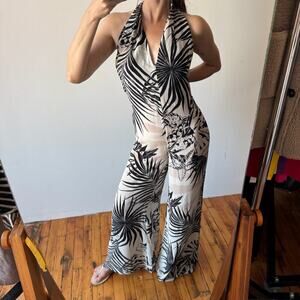 STELLA McCARTNEY Tropical Silk Halter Jumpsuit – Black/White/Pink